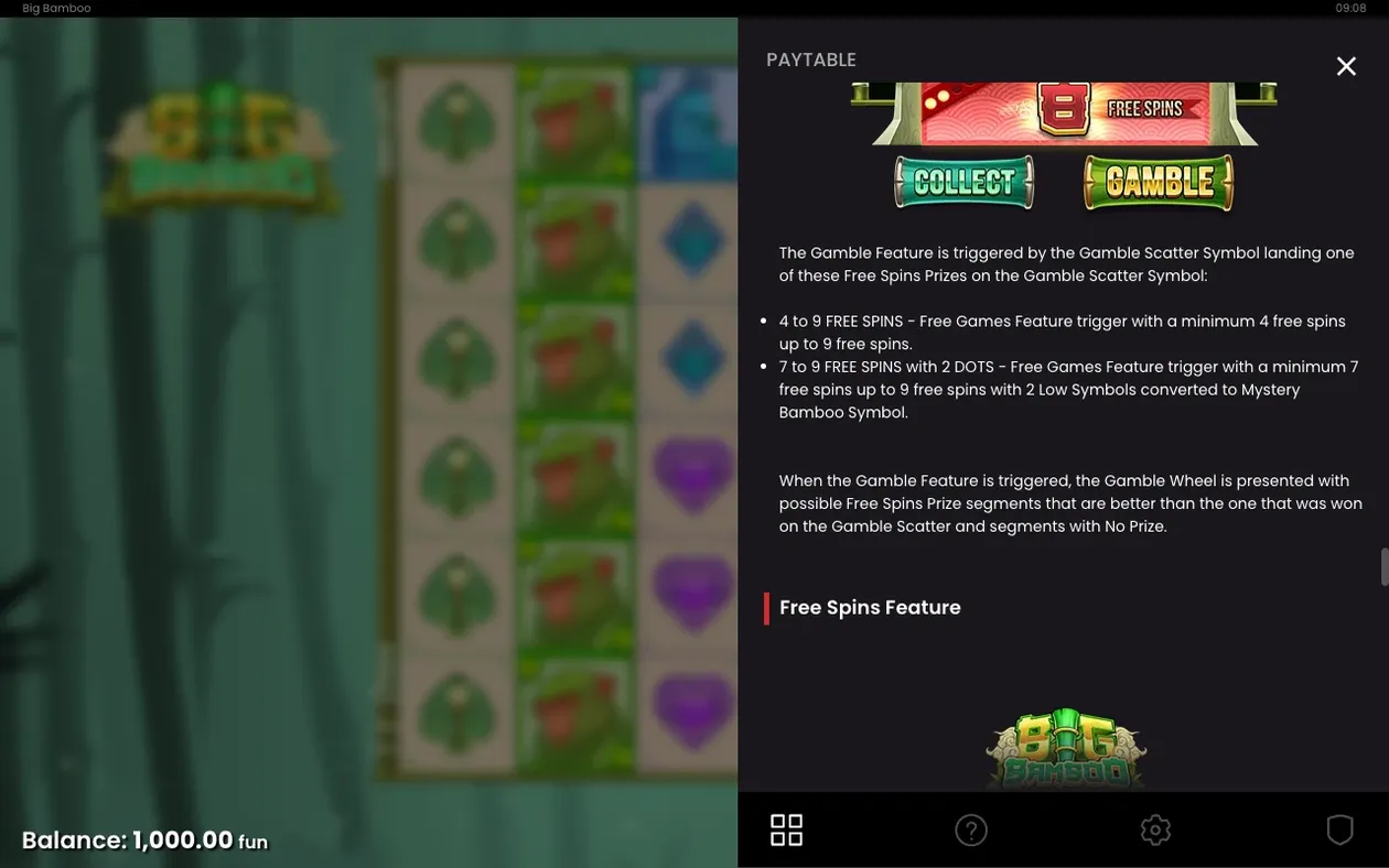 Paytable zur Gamble-Funktion mit Collect- und Gamble-Button sowie Freispiel-Preisstufen.