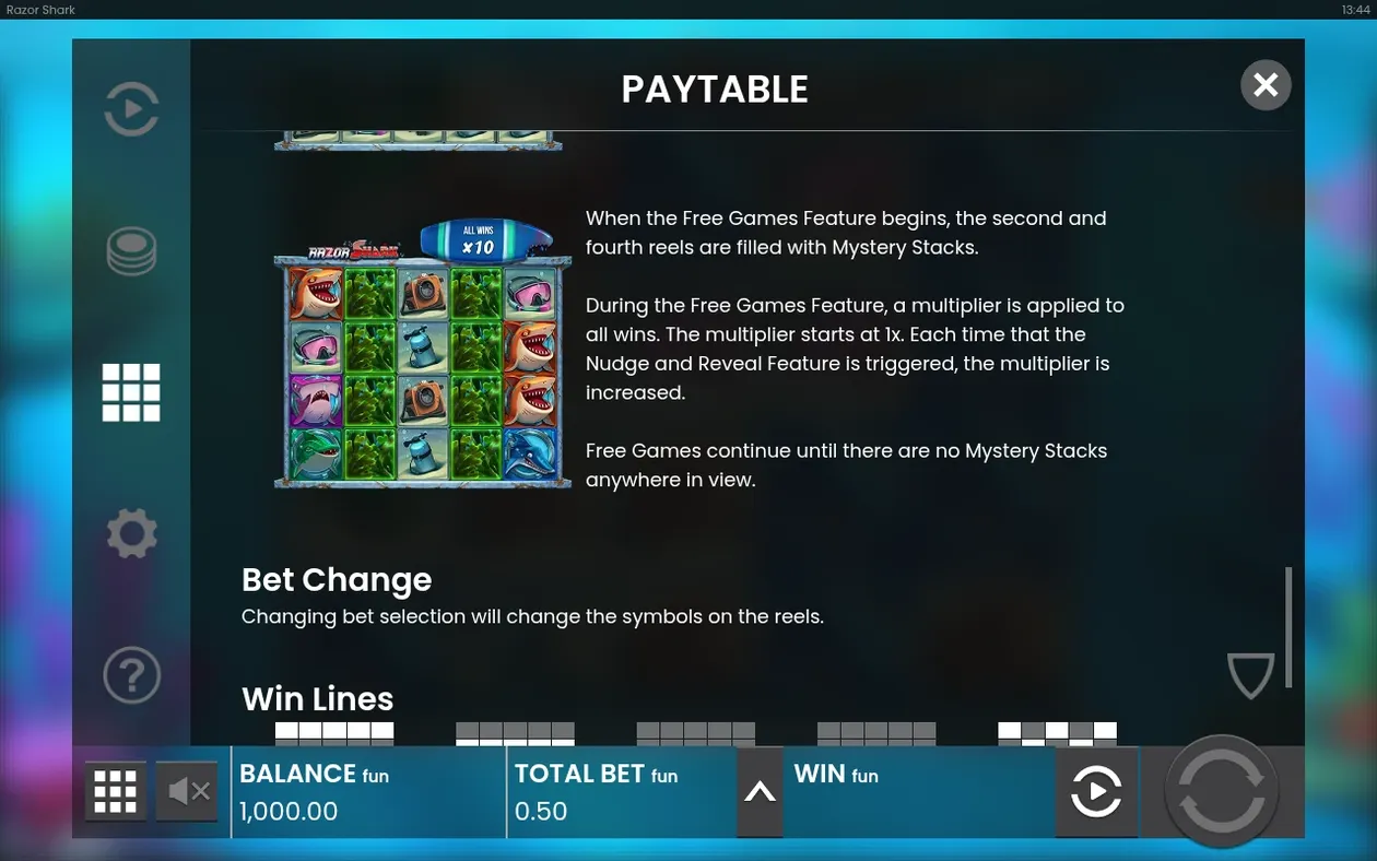 Paytable: Free-Games-Ende, Bet-Change-Hinweis und Beginn der Win-Lines-Liste, Mystery-Stack-Bild zeigt ALL WINS x10.